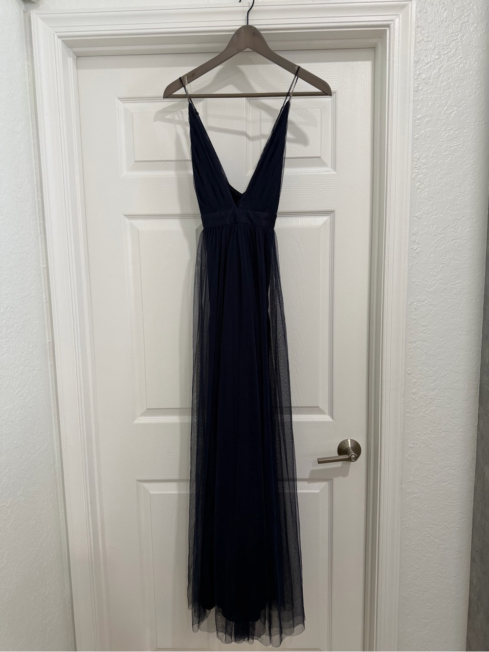 Women's Navy Tulle  Plunging V-Neck Maxi Dress